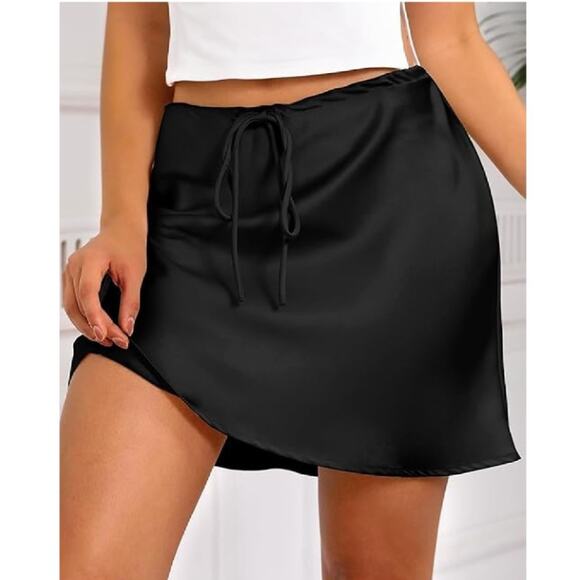 Women's Drawstring Satin Mini Skirt High Waisted Elegant Casual A-Line Flared Si - Picture 2 of 5